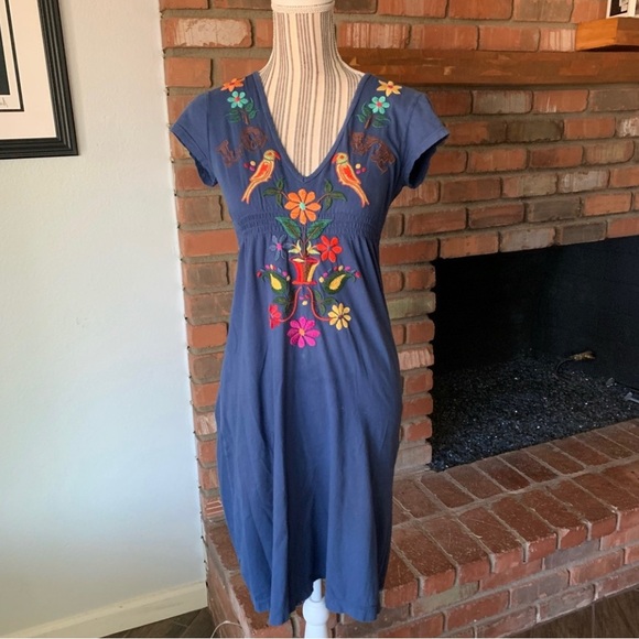 Johnny Was JWLA LOVE Navy Blue Floral Bird Embroidered Cotton Dress Sz S Johnny Was JWLA LOVE Navy Blue Floral Bird Embroidered Cotton Dress Sz S